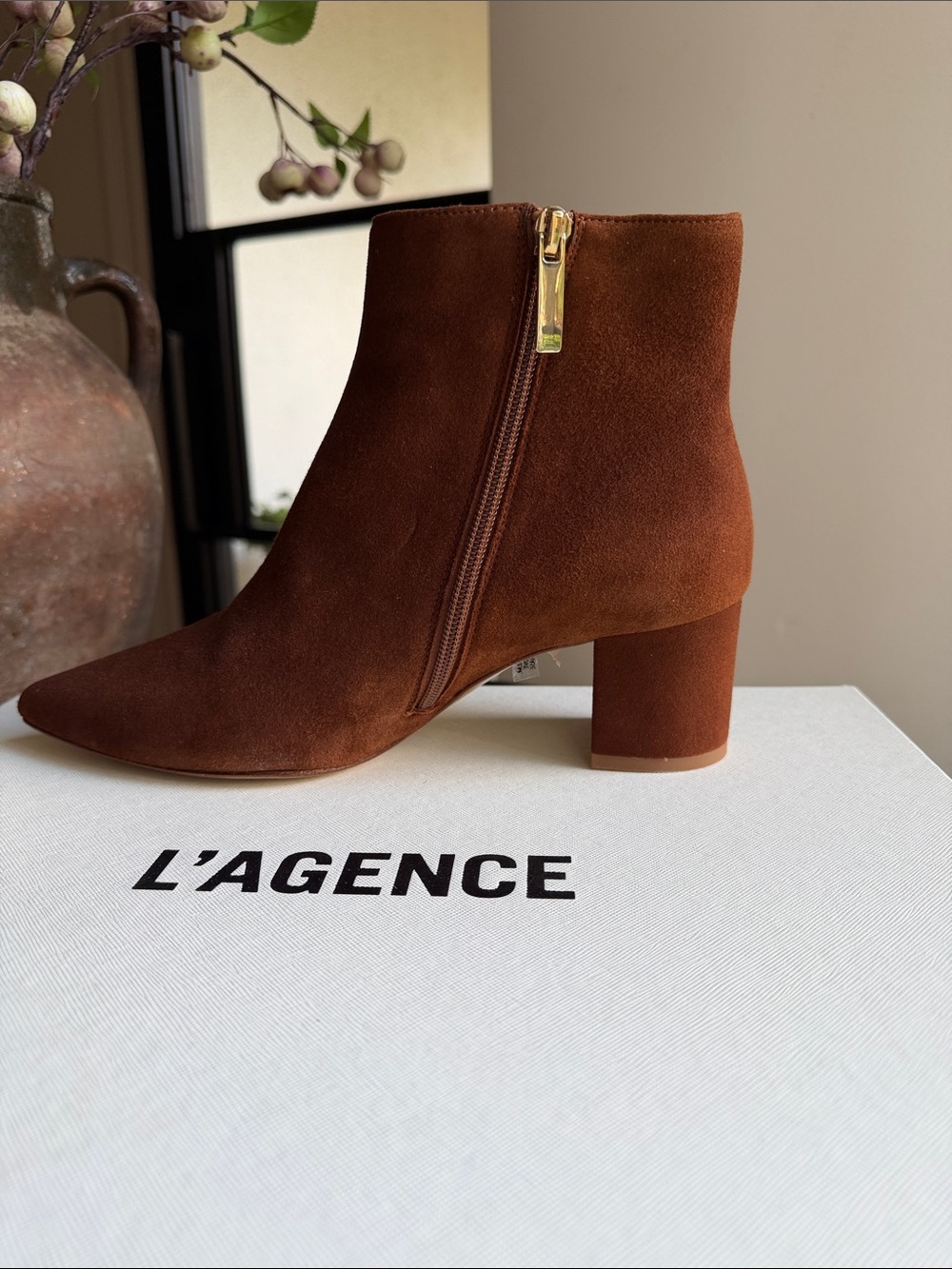 L'AGENCE Chestnut Brown Suede Block Heel Ankle Boot